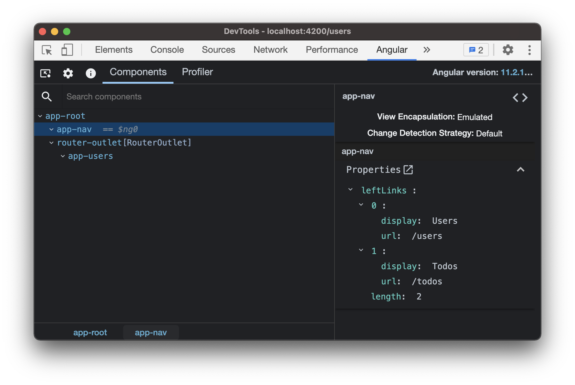 Angular dev tools showing the app-nav component