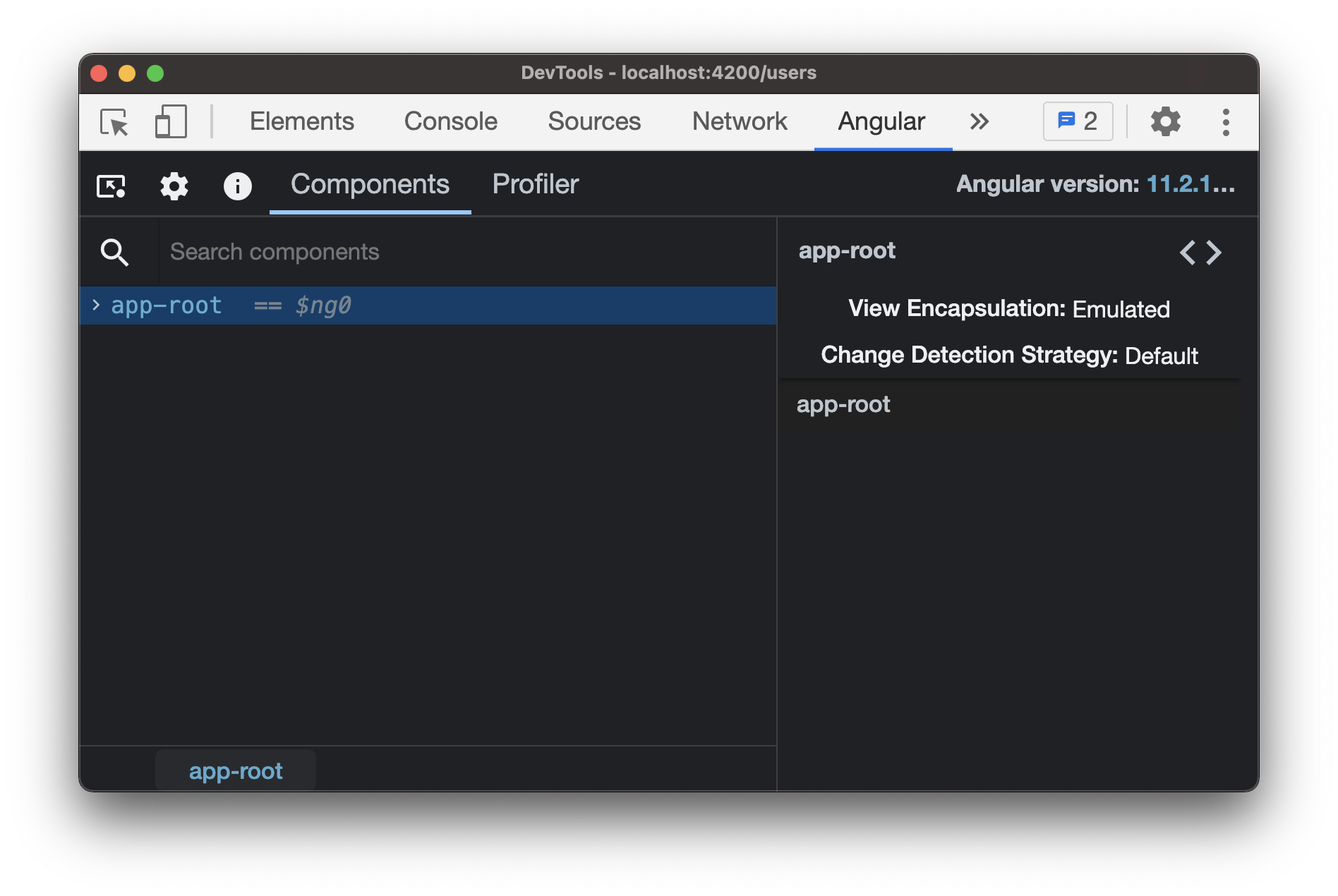 Angular dev tools showing the root of the application