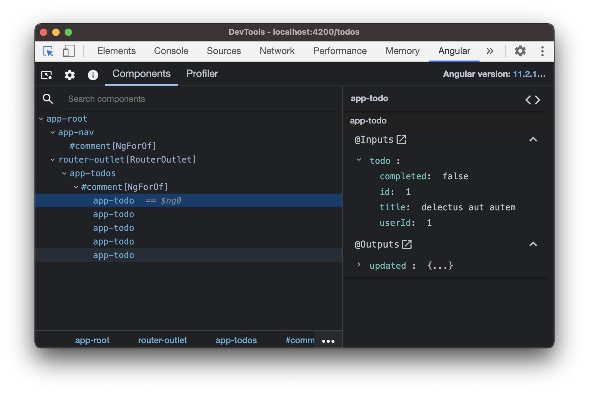Angular dev tools showing the app-todo component
