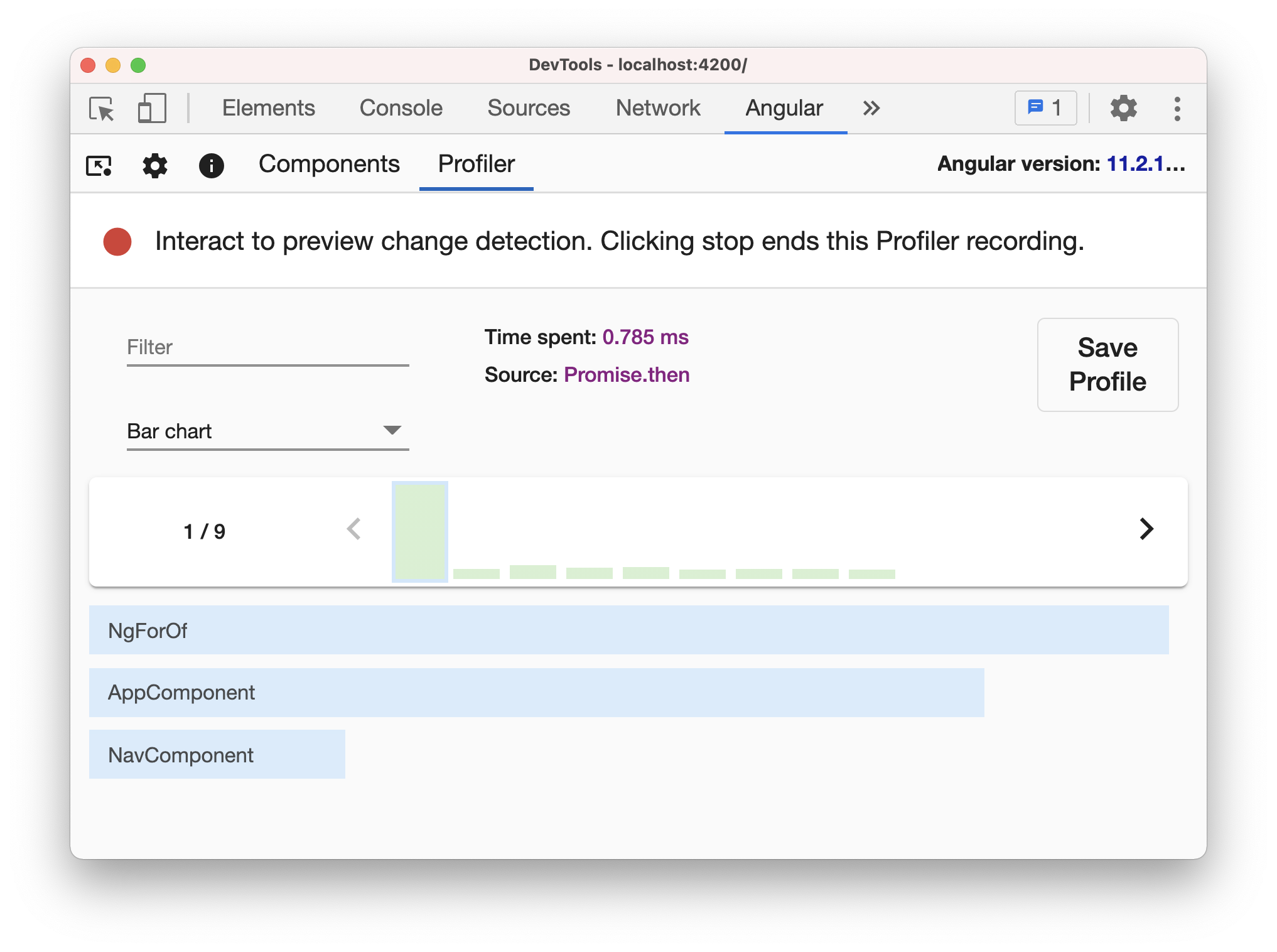 Angular dev tools profiler showing details of a cycle