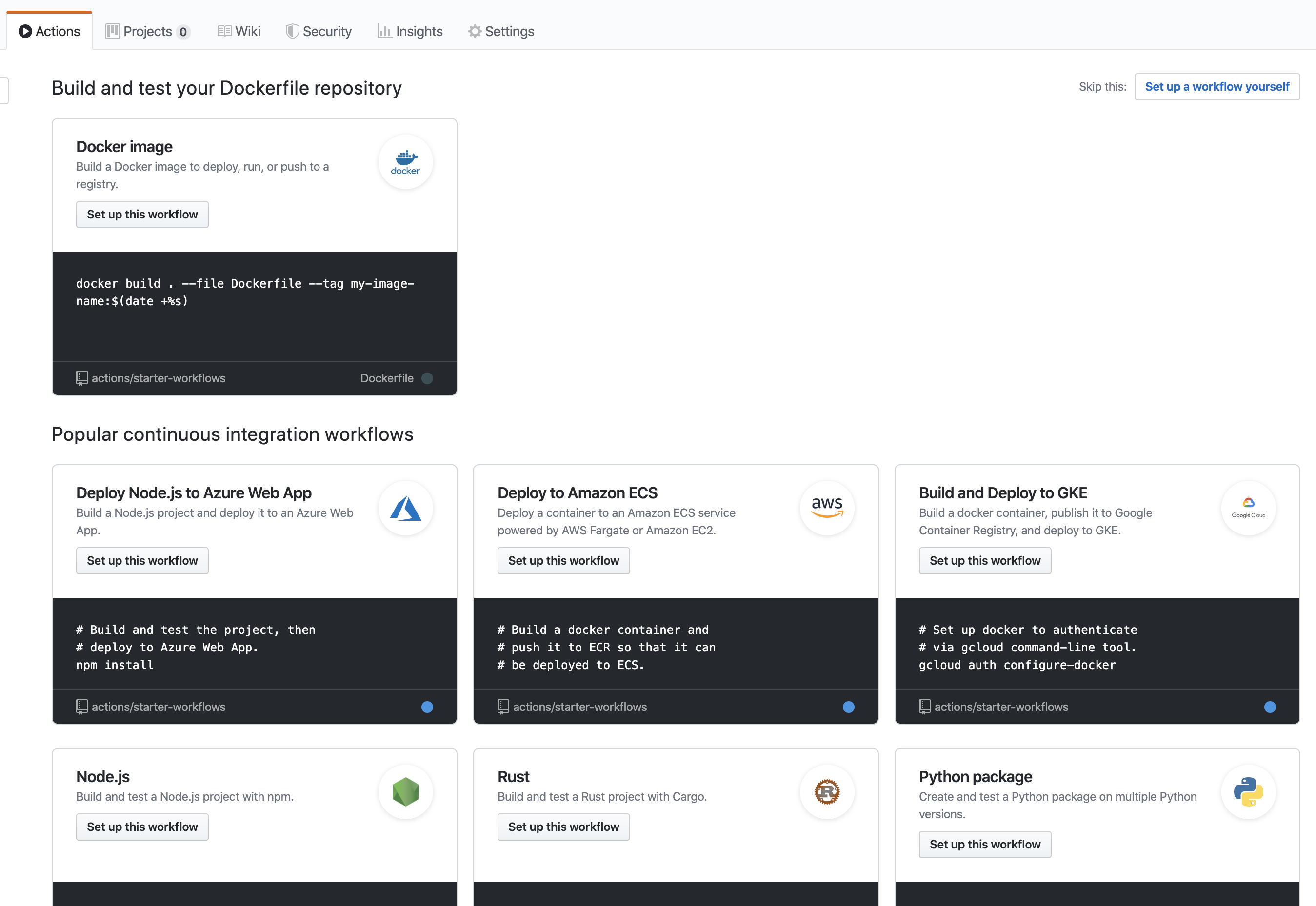 GitHub actions landing information tab