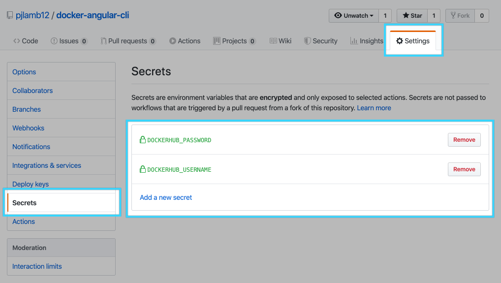 Find and add secrets for the GitHub repo and actions.