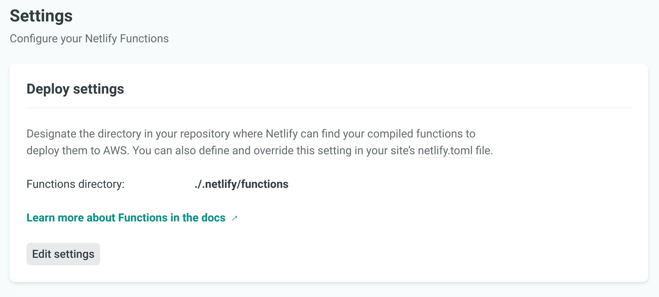 Netlify Functions settings tab