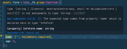 An error occurs when trying to add validators to a control when explicitly typing the form