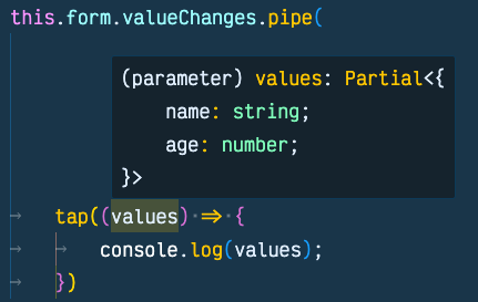 Intellisense shows the type of the values parameter